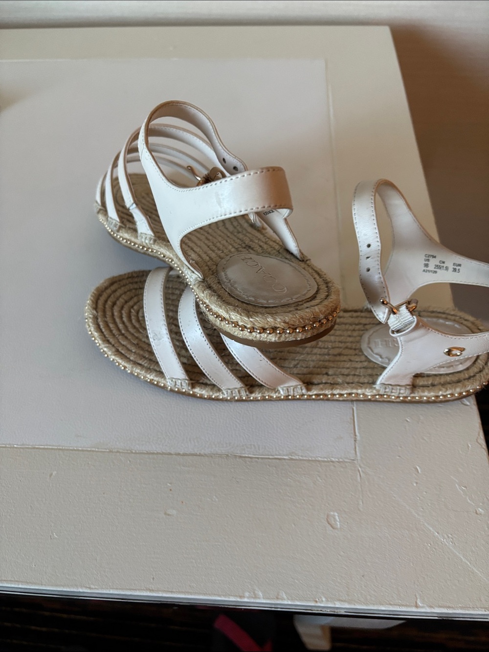 Coach White Leather Espadrille Sandals with Gold Accents - Picture 5 of 9